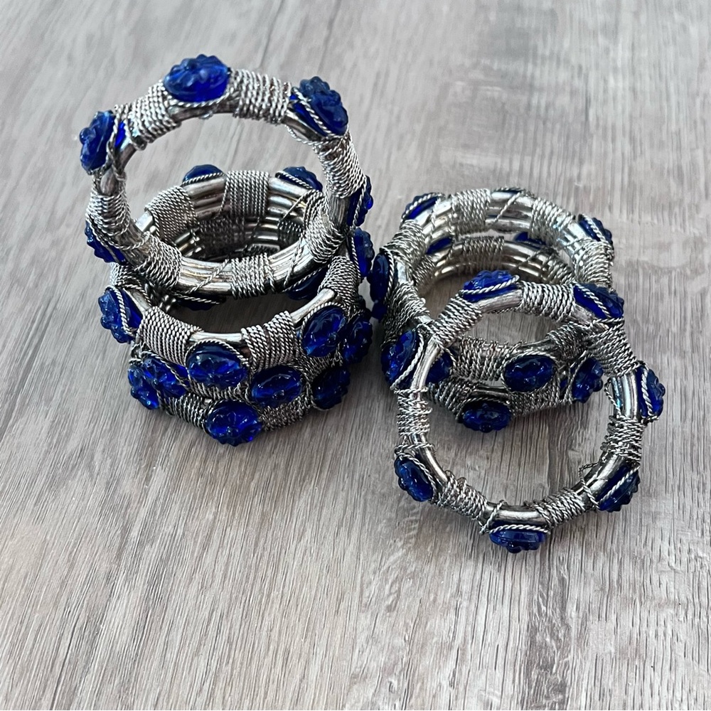 Vintage‎ Blue Glass Beaded & Silver Tone Wire Wrapped Napkin Holder Rings 7 PCs